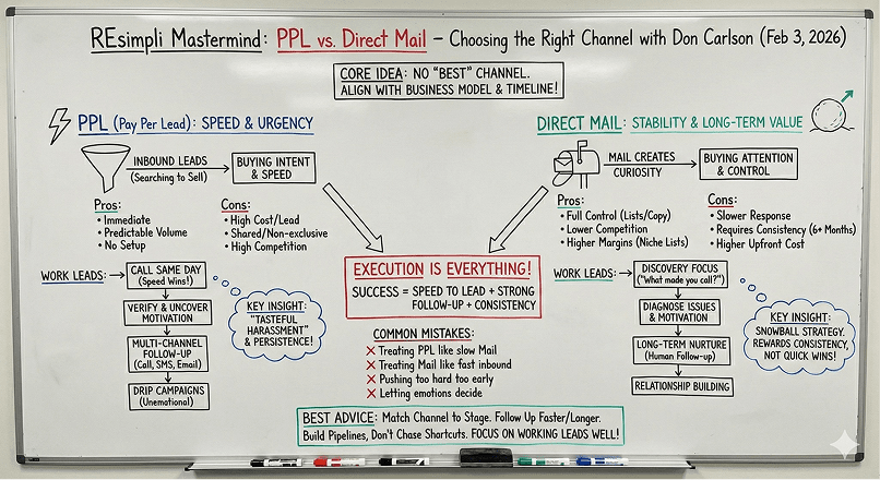 REsimpli Mastermind whiteboard comparing PPL vs Direct Mail marketing channels for real estate investors