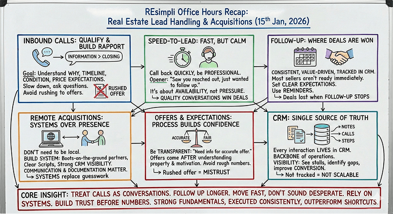 REsimpli Office Hours Recap on Real Estate Lead Handling & Acquisitions featuring best practices for inbound calls, follow-up, and CRM usage