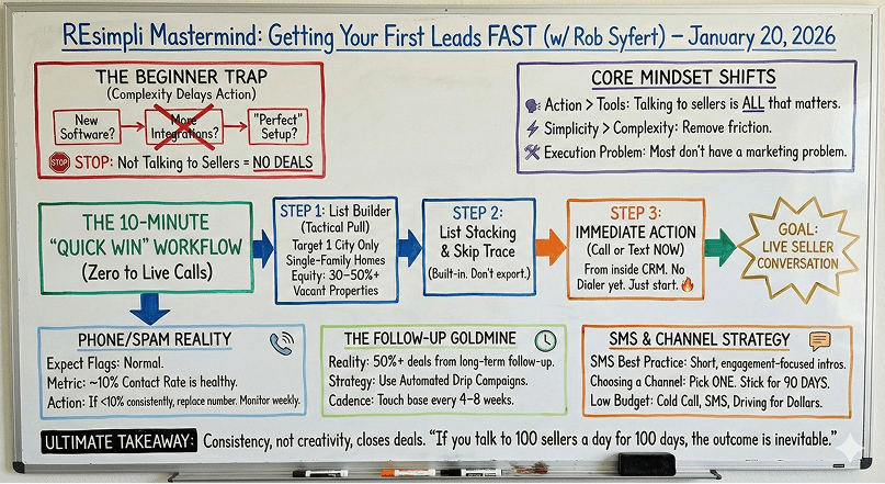 REsimpli Mastermind whiteboard session on Getting Your First Leads FAST with 10-minute quick win workflow and follow-up strategies
