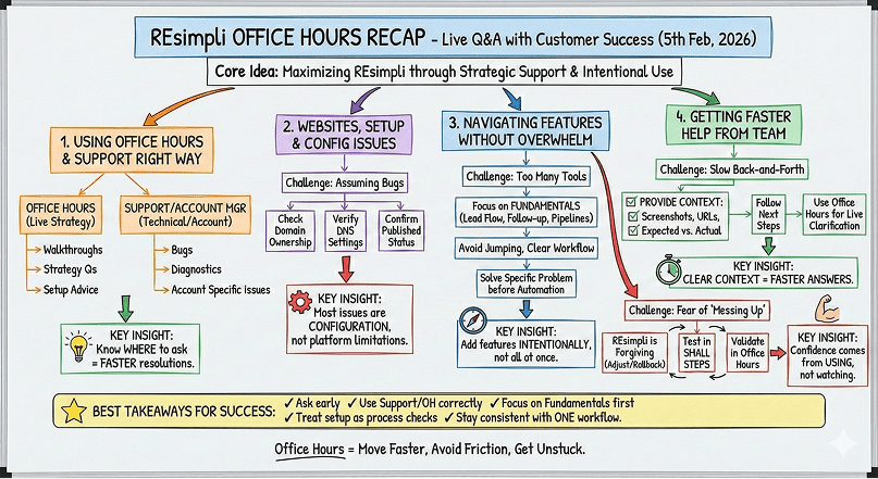 REsimpli Office Hours Recap infographic - Maximizing REsimpli through Strategic Support & Intentional Use with key insights on using office hours and support effectively