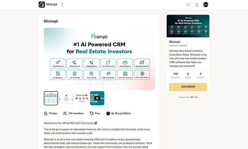 REsimpli community group screenshot highlighting the #1 AI Powered CRM for real estate investors with key features and member count
