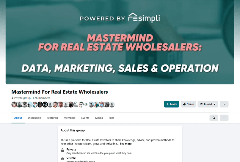 REsimpli Mastermind for Real Estate Wholesalers community page with group description and member stats
